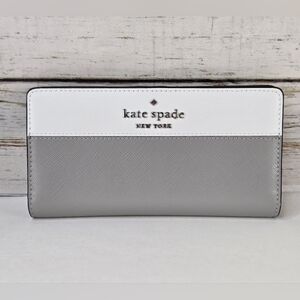 Kate Spade New York Staci Large Slim Bifold Saffiano Leather Wallet Grey White